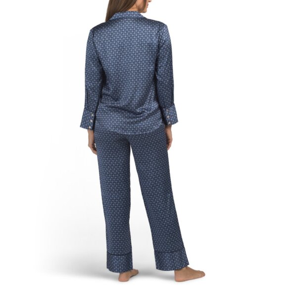 PETITE PLUME Navy Silk Midnight Foulard Pajama Top And Pants Set - Picture 2 of 2